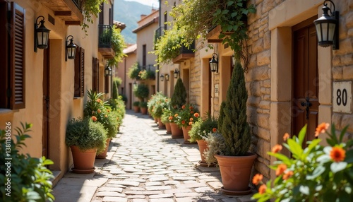 Charming stone alleyway with vibrant flower pots, sunny and inviting, showcasing beautiful architecture.