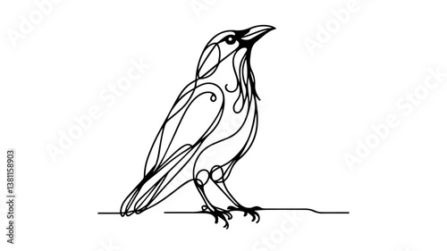 minimalist continuous one line drawing illustration of a realistic crow