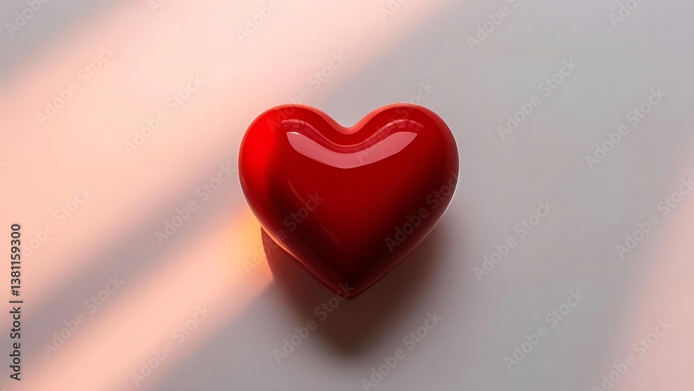 Fototapeta premium A glossy, vibrant red heart rests on a subtly lit surface, symbolizing affection and care. The light creates soft shadows around it.
