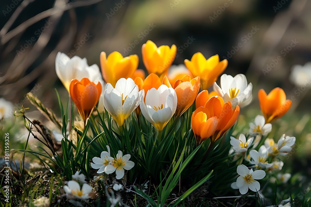 A vibrant cluster of orange and white crocuses blooming brightly in the spring sunshine, bathed in soft, warm light. A vibrant cluster of orange and white crocuses blooming brightly in the spring sunshine, bathed in soft, warm light.