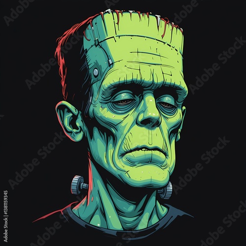 Frankenstein's Monster Portrait, Stylized illustration of Frankenstein's monster.