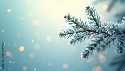 A frosted pine branch against a soft blue background with delicate bokeh lights and snowflakes. Christmas, winter holidays background