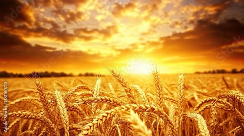 Golden wheat field glowing under warm sunset sky with dramatic clouds and rich natural landscape