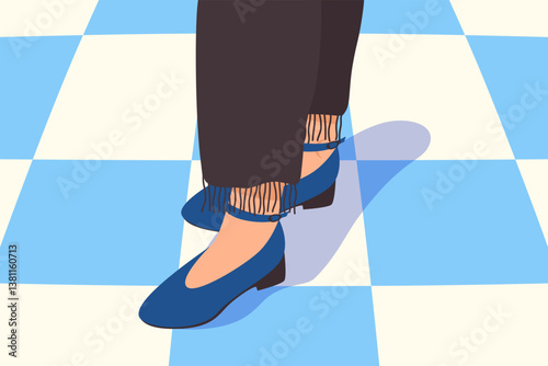 Woman legs in casual shoes. Female feet in trendy comfortable fashionable footwear on flat sole, stylish leather pump shoe summer fashion. Vector illustration