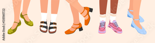 Women's legs in stylish shoes. Female feet in fashionable mules with flat sole, sandals, sneakers and heels, elegant spring summer footwear. Vector cartoon set