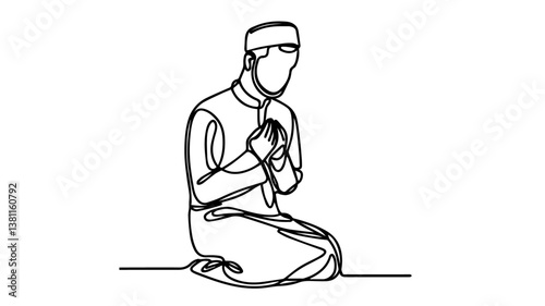 minimalist continuous one line drawing illustration of an imam praying