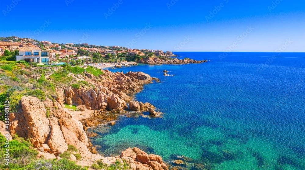 Scenic coastal view of rocky shoreline with clear blue waters and vibrant landscape under bright sky Scenic coastal view of rocky shoreline with clear blue waters and vibrant landscape under bright sky