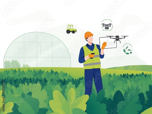 Agricultural worker monitors drone activity in field using smartphone for crop analysis with modern technology