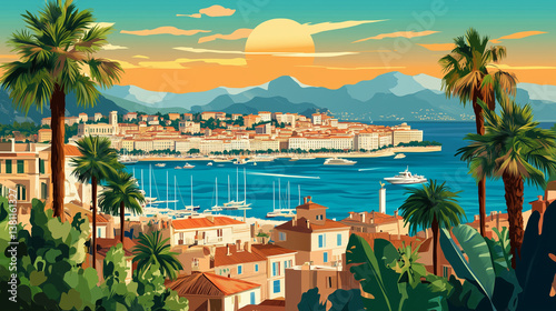 illustration, Cityscape of Cannes in France, touristic advertisement poster. Beautiful southern city in the south of France. Beautiful must-see touristic place in France, Europe, must-see travel desti