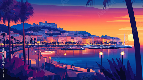 illustration, Cityscape of Cannes in France, touristic advertisement poster. Beautiful southern city in the south of France. Beautiful must-see touristic place in France, Europe, must-see travel desti