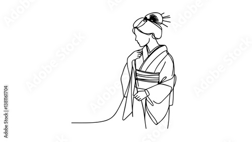 one line drawing of a japanese woman in a kimono 