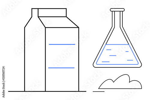 Milk carton, laboratory flask containing liquid, and abstract cloud outline convey concepts of food science, innovation, sustainability, and quality control. Ideal for technology, research