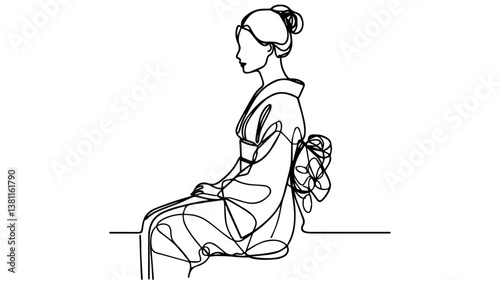 Japanese woman in a kimono one line drawing portrait