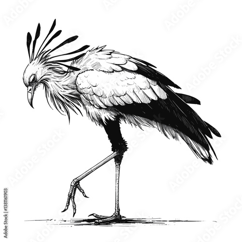 Secretary Bird line art drawing ink sketch vector hand drawn illustration background