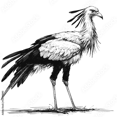 Secretary Bird line art drawing ink sketch vector hand drawn illustration background