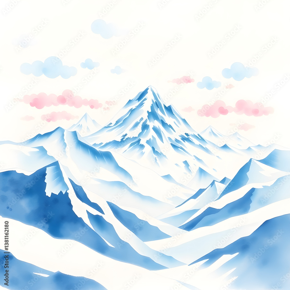 Fototapeta premium Winter mountain landscape with awesome blue sky and clouds. A digital painting of a 3D winter wonderland rich deep teal and glowing art illustration design