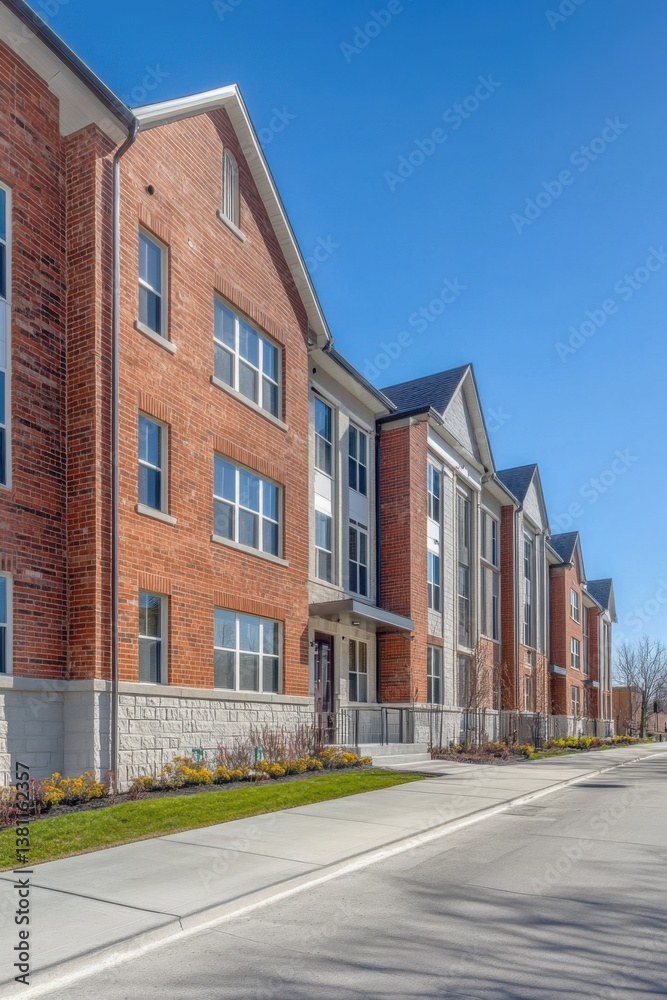Modern apartment complex situated in a serene suburban neighborhood features multiple floors, large windows, and landscaped green spaces under a clear blue sky Modern apartment complex situated in a serene suburban neighborhood features multiple floors, large windows, and landscaped green spaces under a clear blue sky