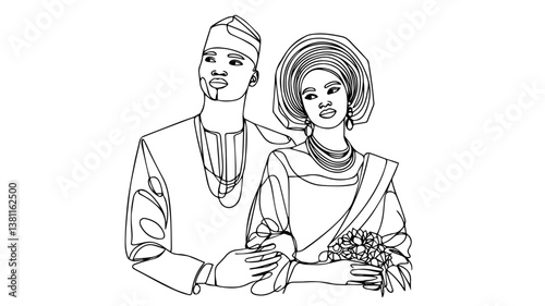 minimalist continuous one line drawing illustration of a realistic full body Nigerian couple in traditional wedding outfits