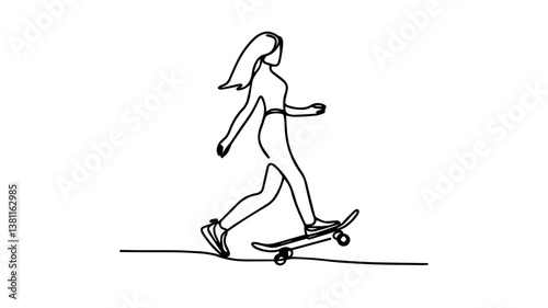 a girl skateboarding one line drawing illustration