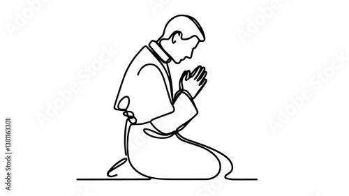 faithful priest praying one line drawing illustration