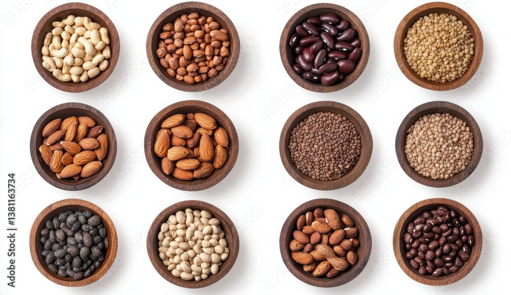 Assorted Legumes Nuts and Seeds in Wooden Bowls Assorted Legumes Nuts and Seeds in Wooden Bowls