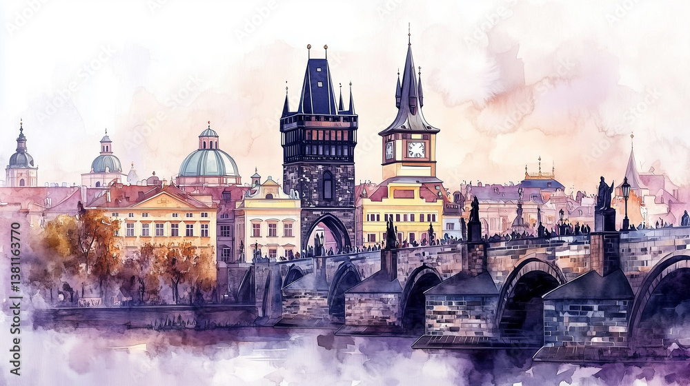Obraz premium Romantic watercolor painting, view on charles bridge in praque with Old Town Bridge Tower. world famous Charles bridge in the capital city of the Czech republic.