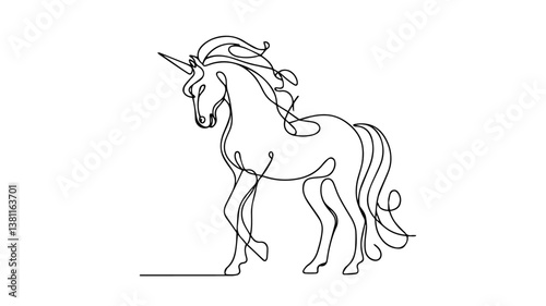minimalist continuous one line drawing illustration of a realistic full body unicorn