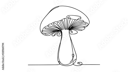 minimalist continuous one line drawing illustration of a realistic mushroom