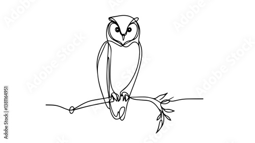 a realistic owl perched on a sturdy branch one line drawing