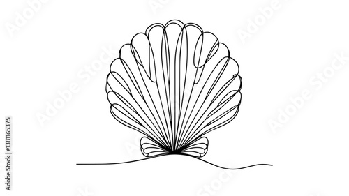 minimalist continuous one line drawing illustration of a realistic scallop shell 