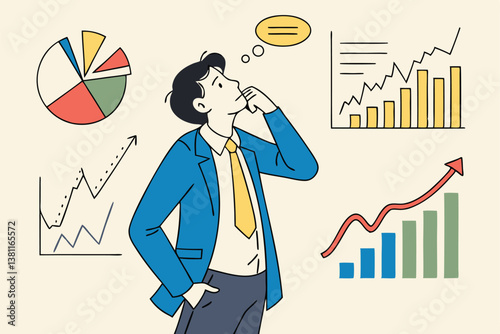 Businessman financial data analysis, economic and growth diagram, stock market exchange data, investment analysis, growth earning income concept, businessman thinking with data chart and graph.