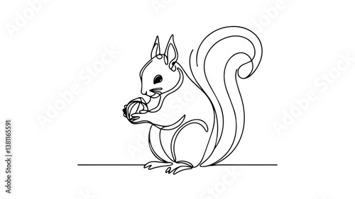 minimalist continuous one line drawing illustration of a realistic squirrel holding a nut