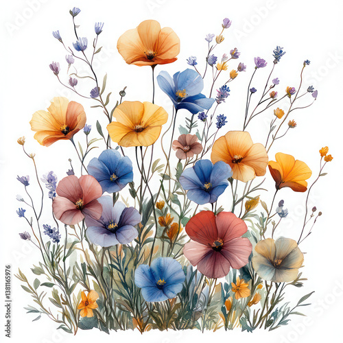 A Vibrant Summer Meadow Bursting With Wildflowers In A Delicate Watercolor Painting, Showcasing Soft Hues And Intricate Details Isolated on Transparent Background