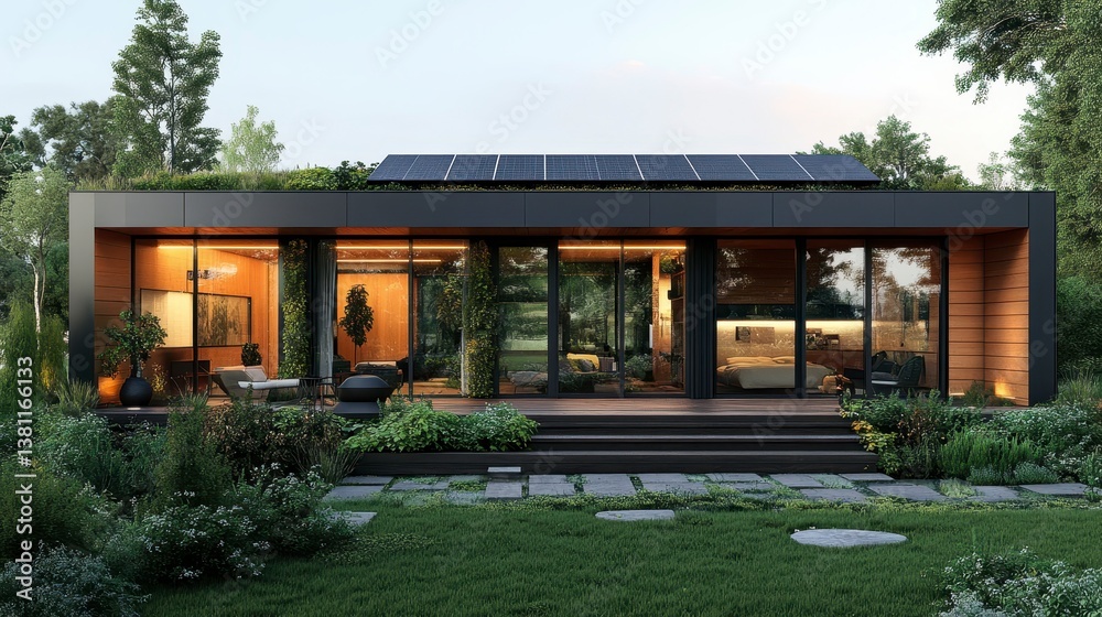 Modern, flat-roofed home with solar panels and glass walls surrounded by lush greenery Modern, flat-roofed home with solar panels and glass walls surrounded by lush greenery