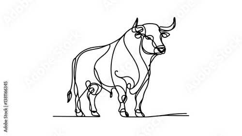 minimalist continuous one line drawing illustration of a realistic standing full body bull 