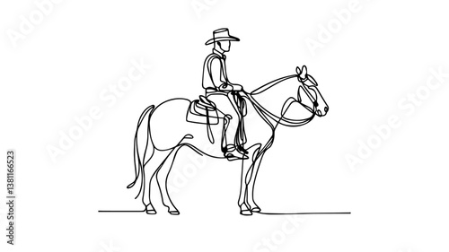 minimalist continuous one line drawing illustration of a cowboy riding a horse 