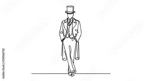 minimalist continuous one line drawing illustration of a realistic  dapper gentleman in a tailcoat, top hat, and cravat in the victorian era 