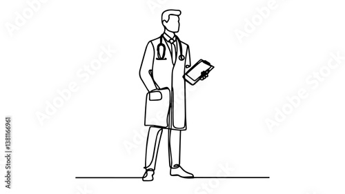 minimalist continuous one line drawing illustration of a realistic standing full body doctor using one continuous line on a white background