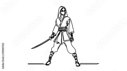 minimalist continuous one line drawing illustration of a female ninja holding a katana
