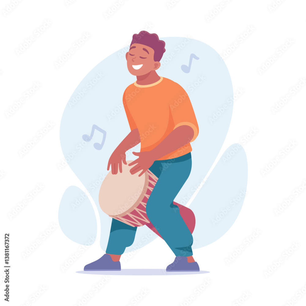 Fototapeta premium A Joyful Musician Enthusiastically Playing a Colorful Hand Drum for the Community