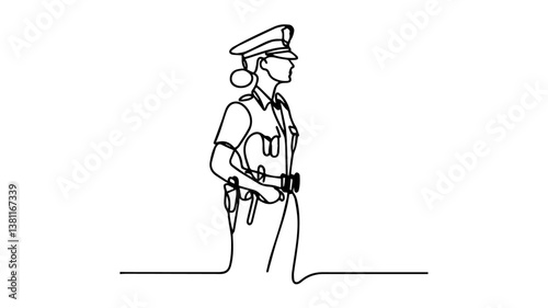 minimalist continuous one line drawing illustration of a realistic standing full body female police officer 