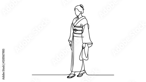 minimalist continuous one line drawing illustration of a realistic standing full body Japanese woman in a traditional outfit using one continuous line on a white background
