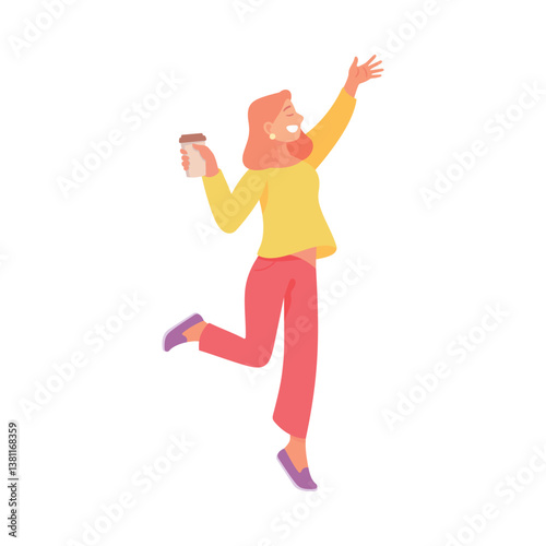 A Joyful Woman Enthusiastically Celebrating while Holding a Delicious Coffee in Hand