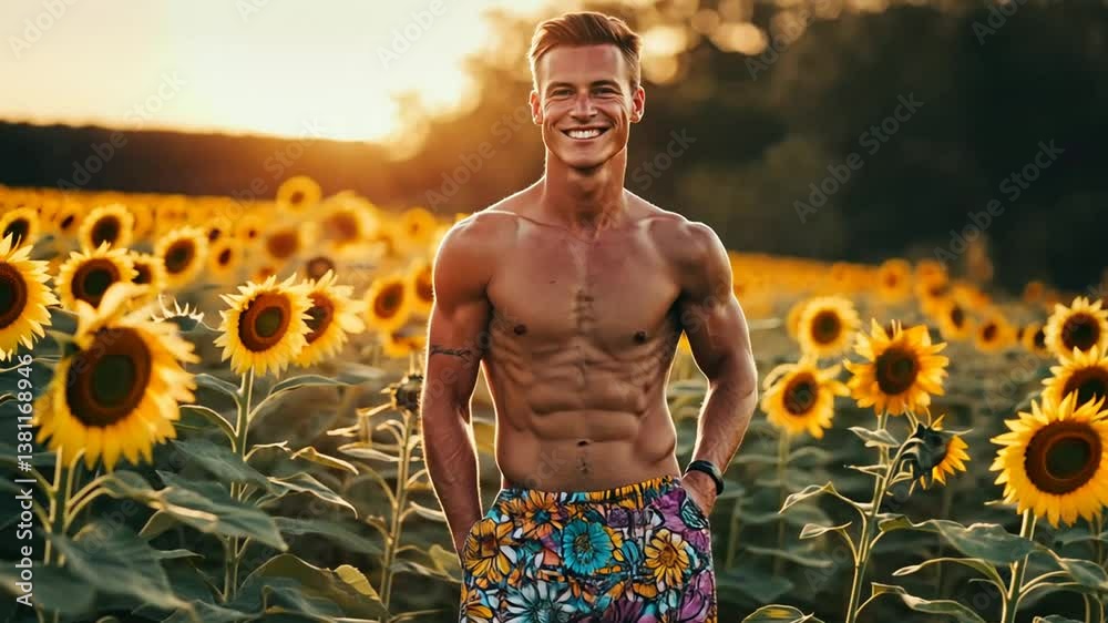 A smiling, shirtless man poses amongst vibrant sunflowers during golden hour, radiating warmth.