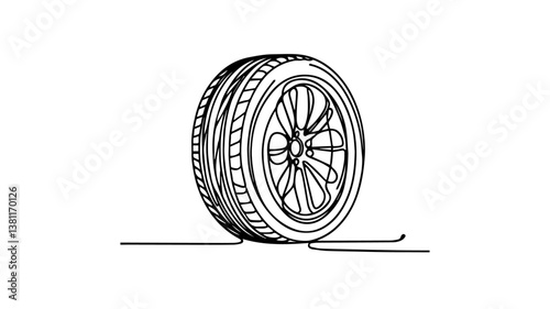 one line drawing illustration of a tire using one continuous line 