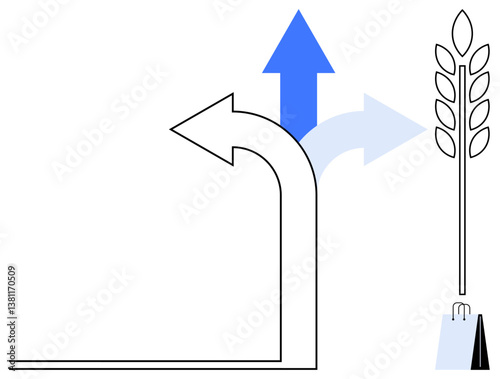 Arrows in different directions, wheat stalk symbolizing agriculture, innovation, prosperity. Ideal for progress, choices, direction, agriculture business growth sustainability. Flat simple