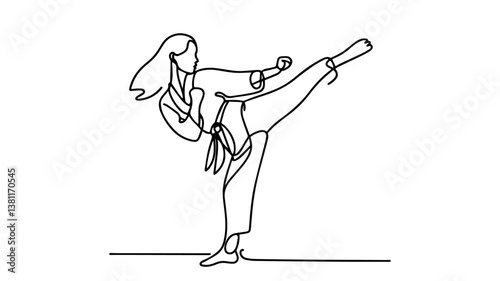 minimalist continuous one line drawing illustration of a woman doing a karate kick