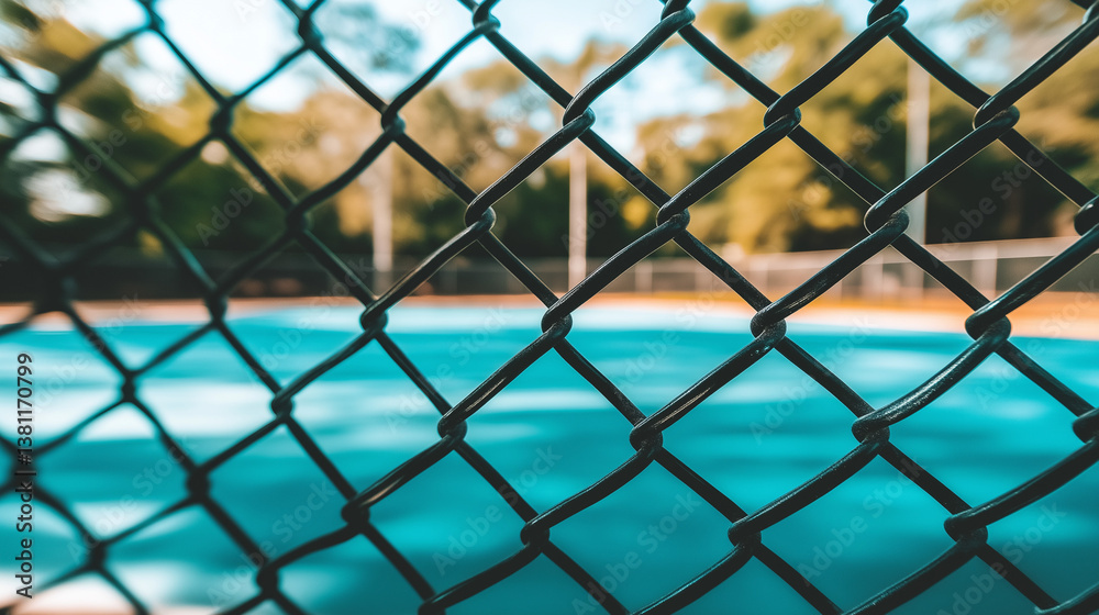 Fototapeta premium Chain Link Fence Blue Sports Court Close