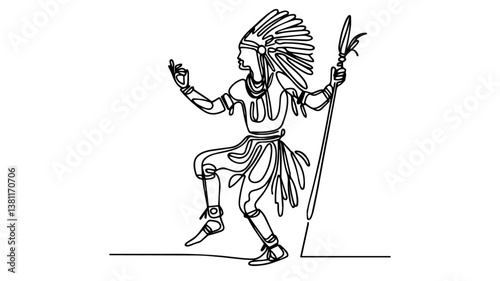 one line drawing illustration of an indian tribal chief dancing 