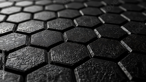 Textured dark gray hexagonal tiles receding into the distance with shallow depth of field highlighting surface detail.. photo